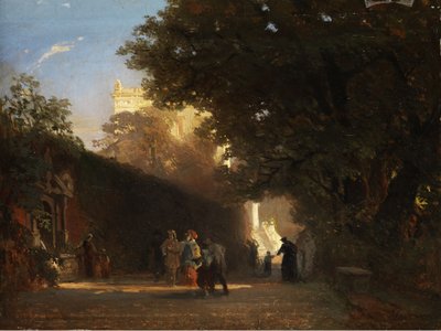 Italiaanse villa en park met voorname gezelschap en priesters door Oswald Achenbach